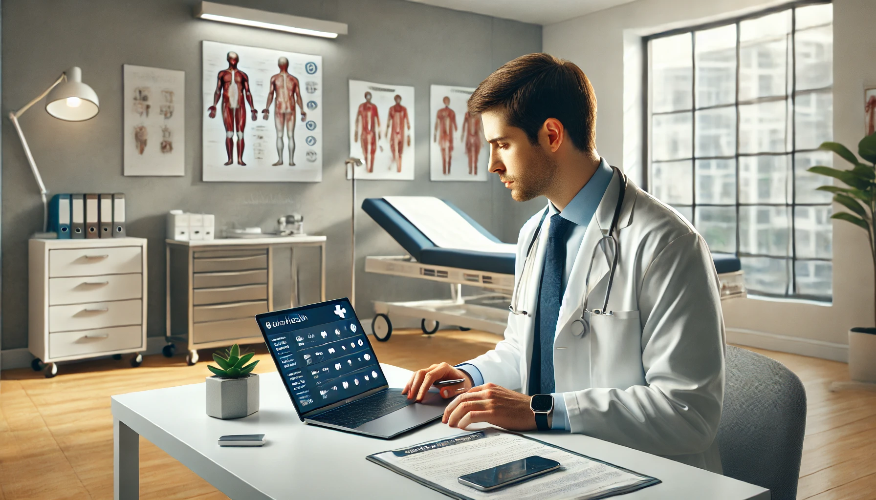 Clinician reviewing visit summary on laptop